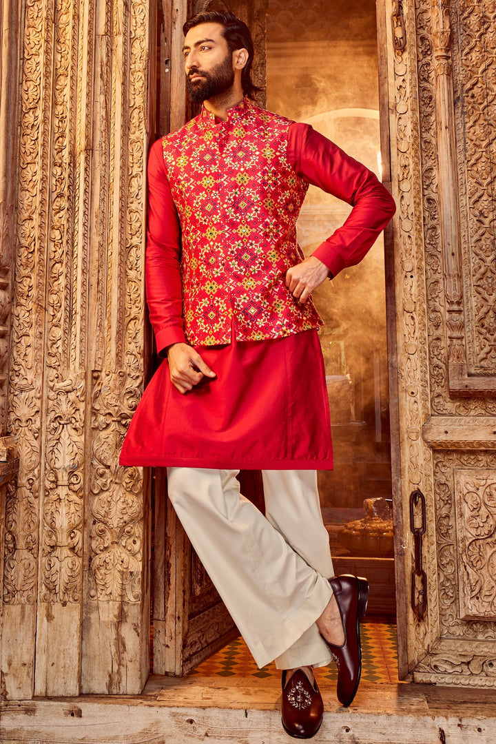 Rani Raw Silk Mirror Embellished Kurta Bundi Set