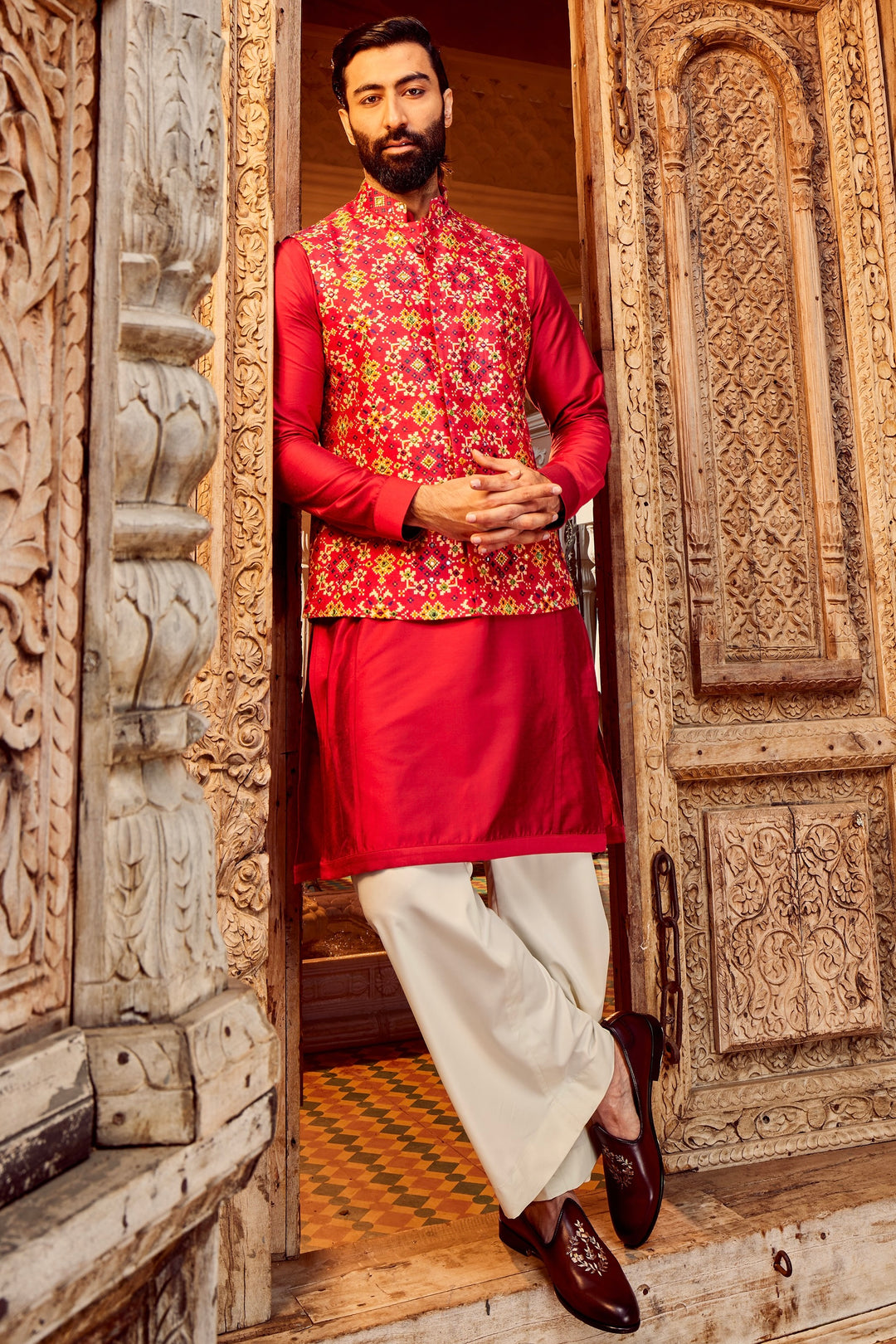 Rani Raw Silk Mirror Embellished Kurta Bundi Set