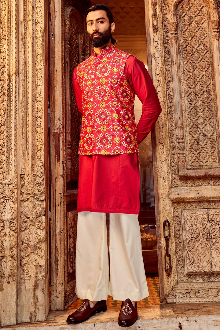 Rani Raw Silk Mirror Embellished Kurta Bundi Set