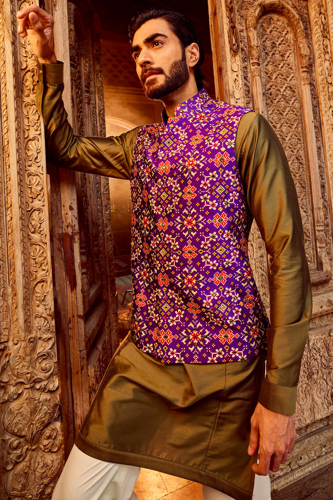 Purple Raw Silk Mirror Embellished Kurta Bundi Set