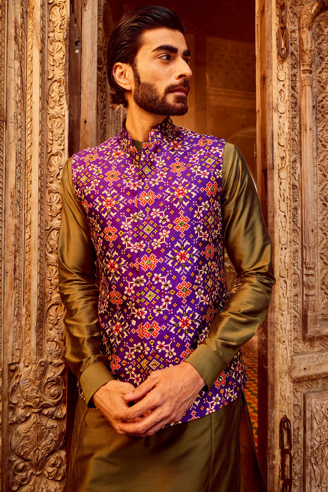 Purple Raw Silk Mirror Embellished Kurta Bundi Set