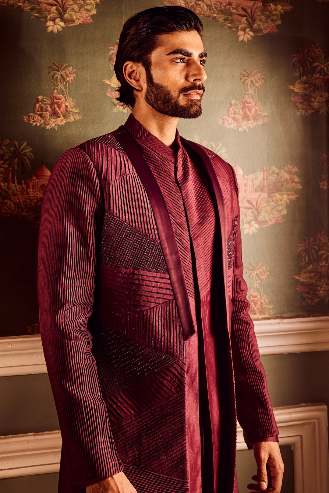 Maroon Chanderi Pintuck Cutdana Open Indowestern