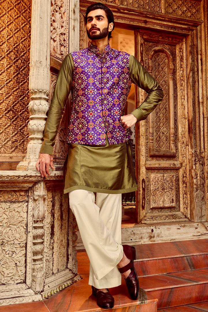 Purple Raw Silk Mirror Embellished Kurta Bundi Set