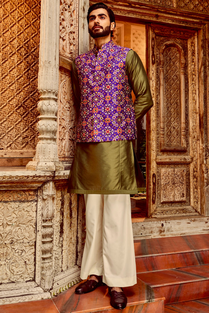 Purple Raw Silk Mirror Embellished Kurta Bundi Set