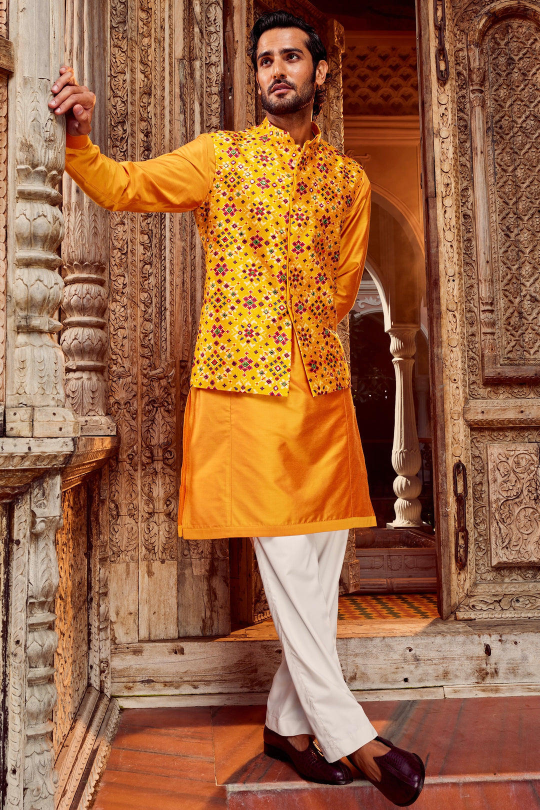 Haldi Raw Silk Mirror Embellished Kurta Bundi Set