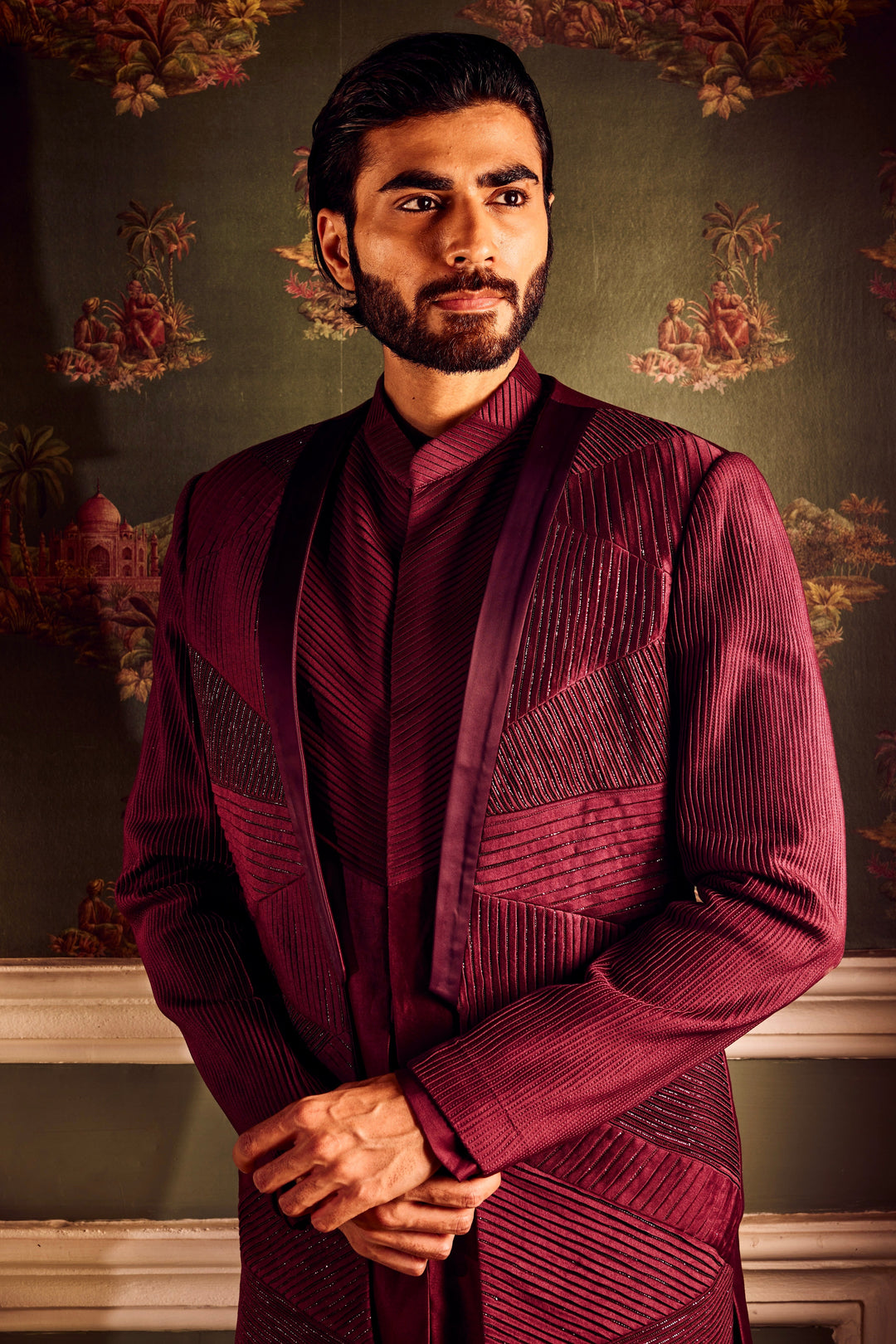 Maroon Chanderi Pintuck Cutdana Open Indowestern