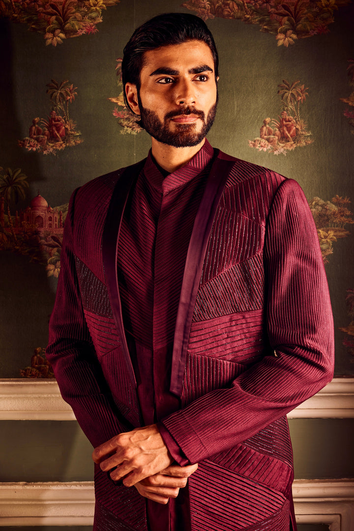 Maroon Chanderi Pintuck Cutdana Open Indowestern