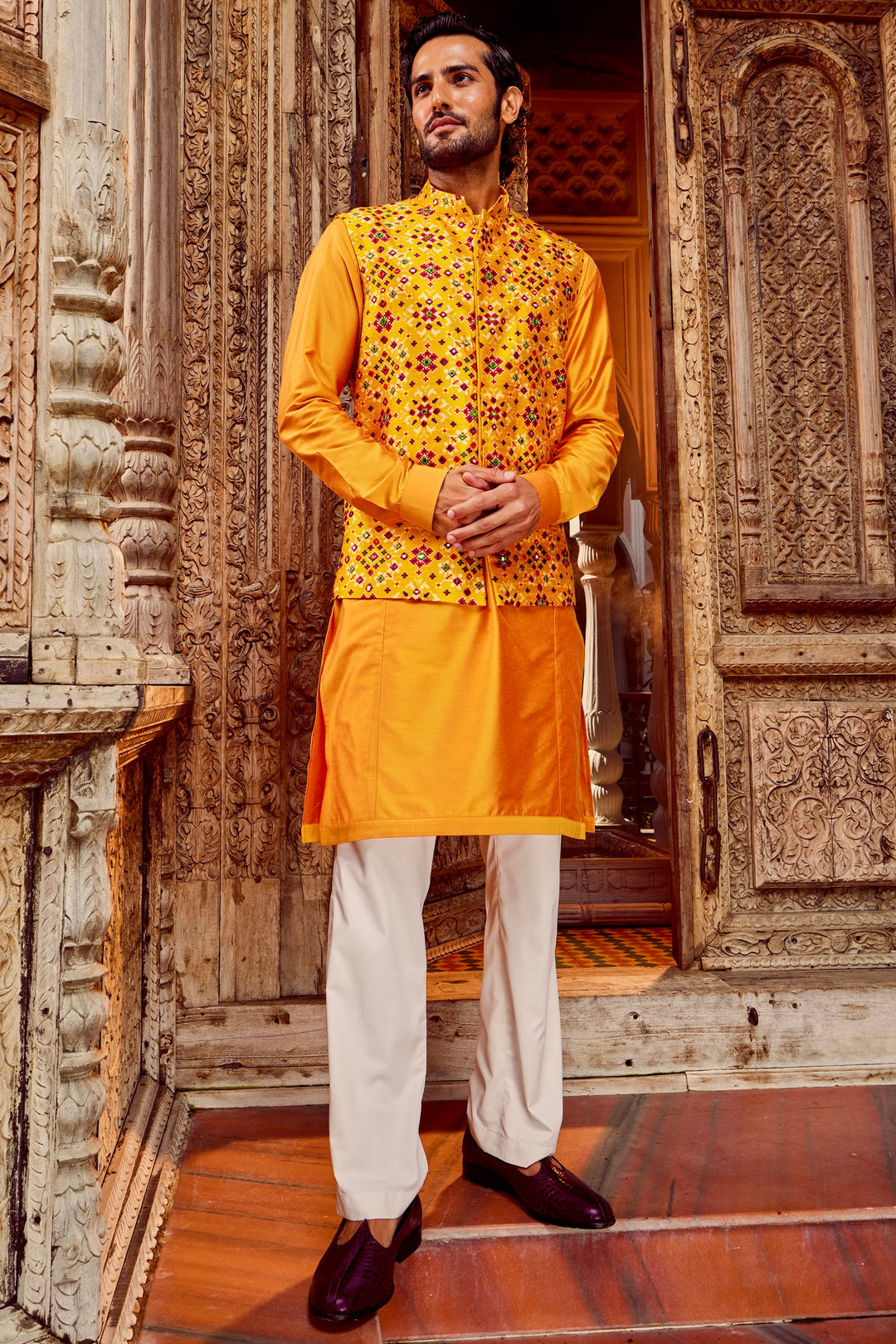 Haldi Raw Silk Mirror Embellished Kurta Bundi Set