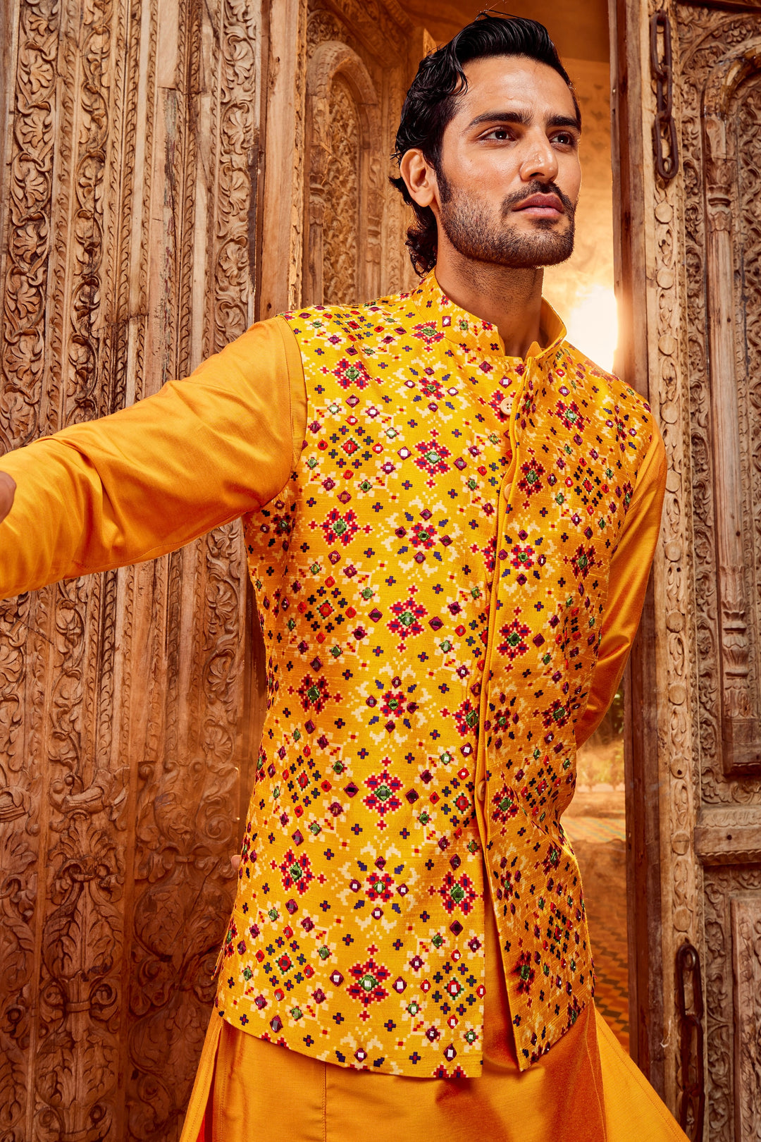 Haldi Raw Silk Mirror Embellished Kurta Bundi Set