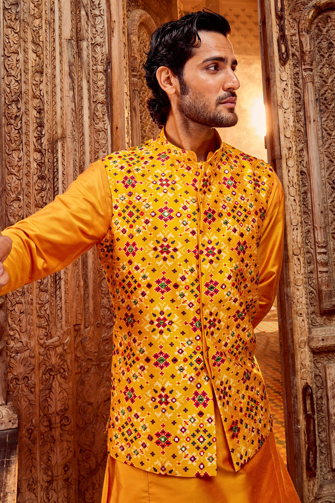 Haldi Raw Silk Mirror Embellished Kurta Bundi Set