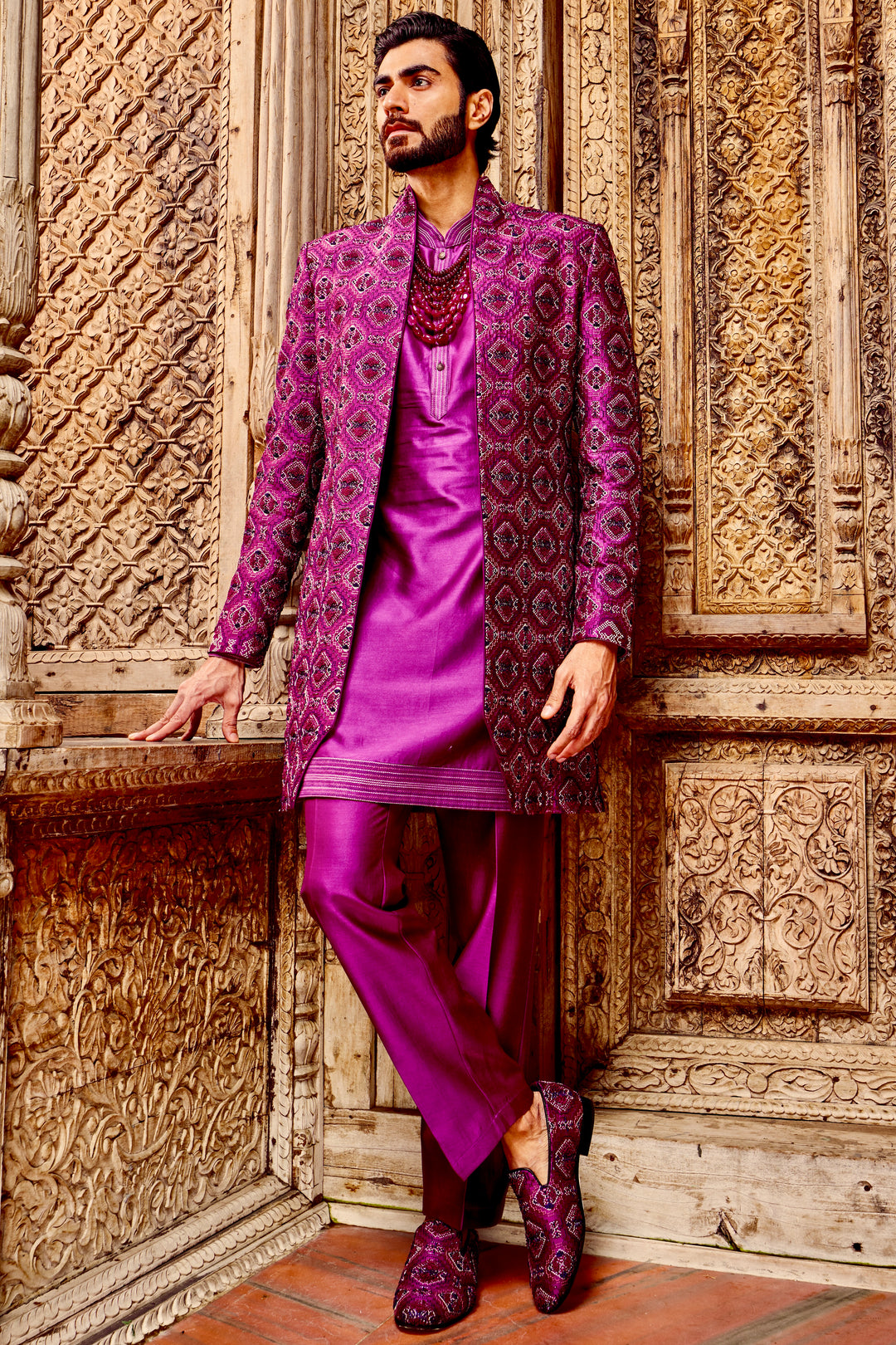 Purple Chanderi Silk Embroidered Open Indo-Western