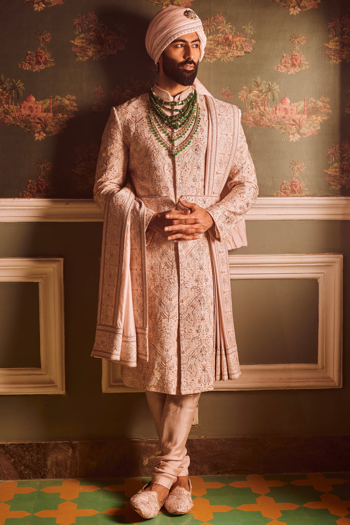 Light Pink Palm Silk Hand-Embroidered Sherwani