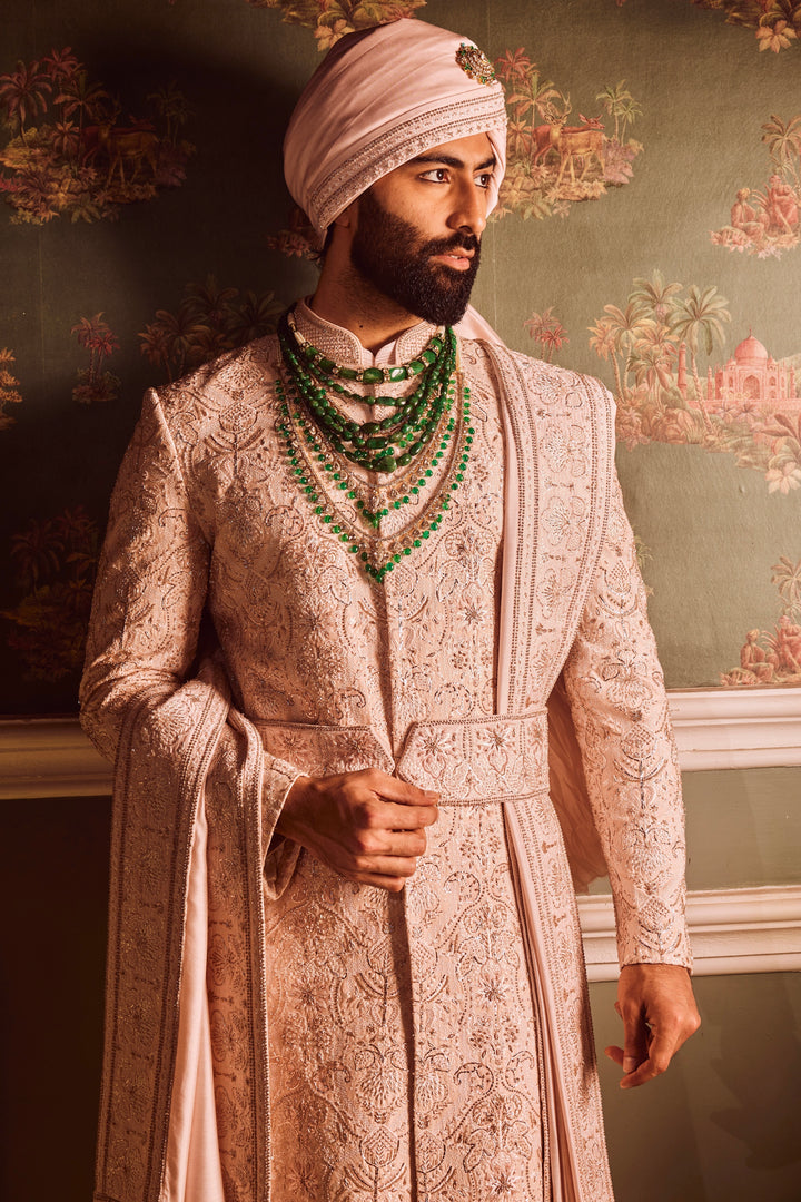 Light Pink Palm Silk Hand-Embroidered Sherwani