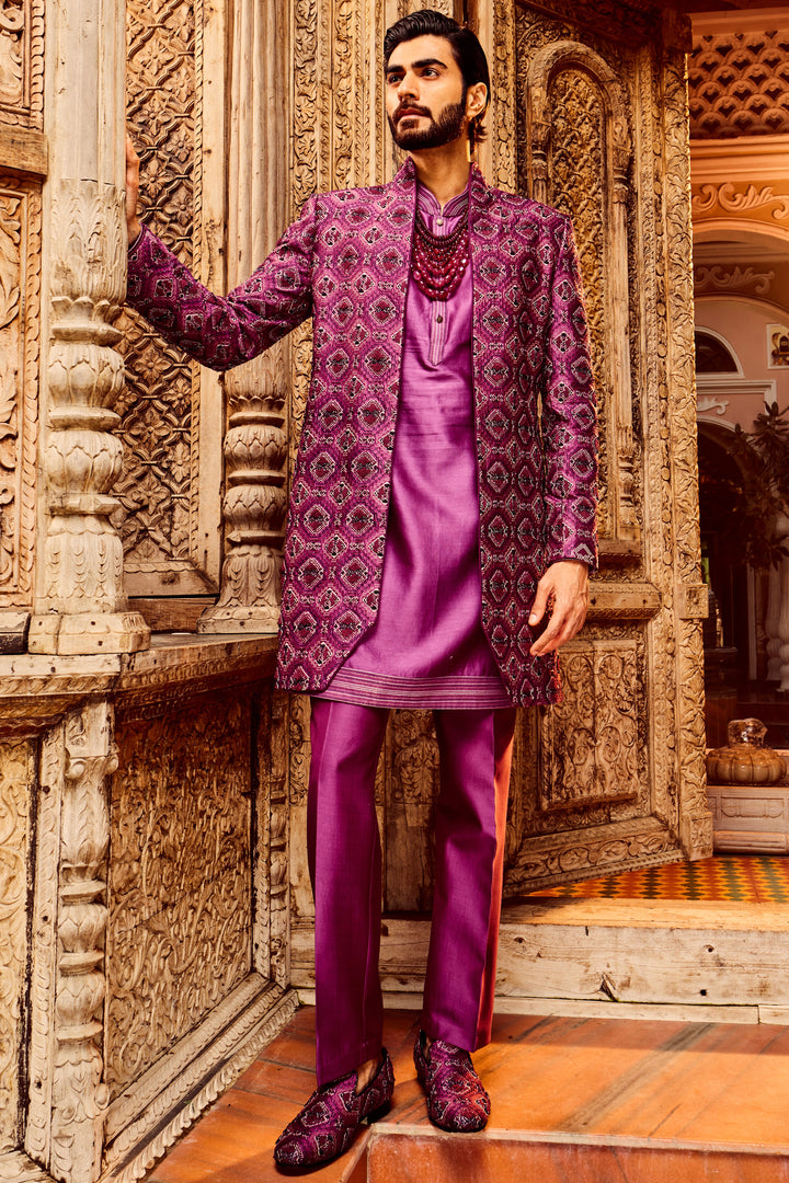 Purple Chanderi Silk Embroidered Open Indo-Western