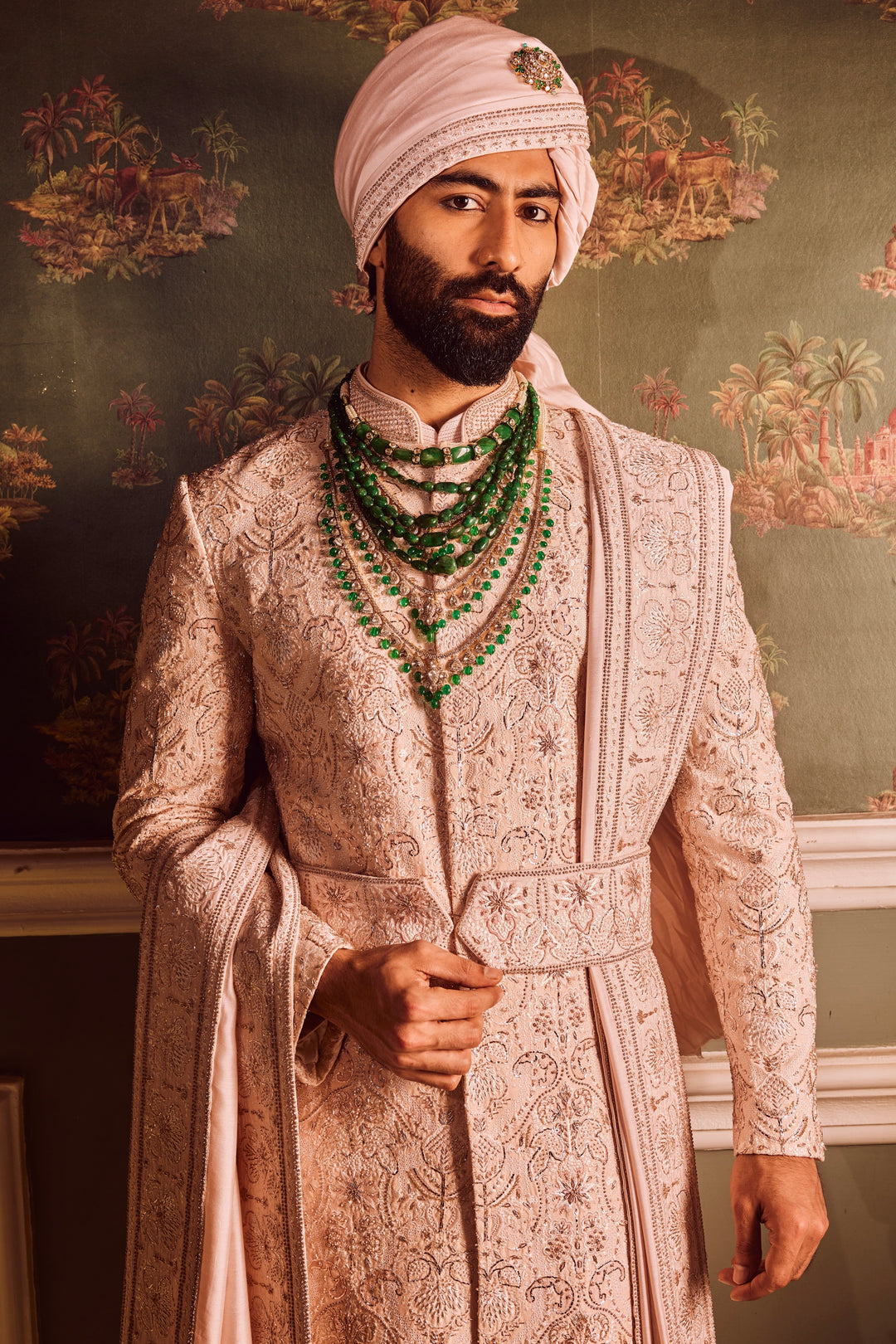 Light Pink Palm Silk Hand-Embroidered Sherwani