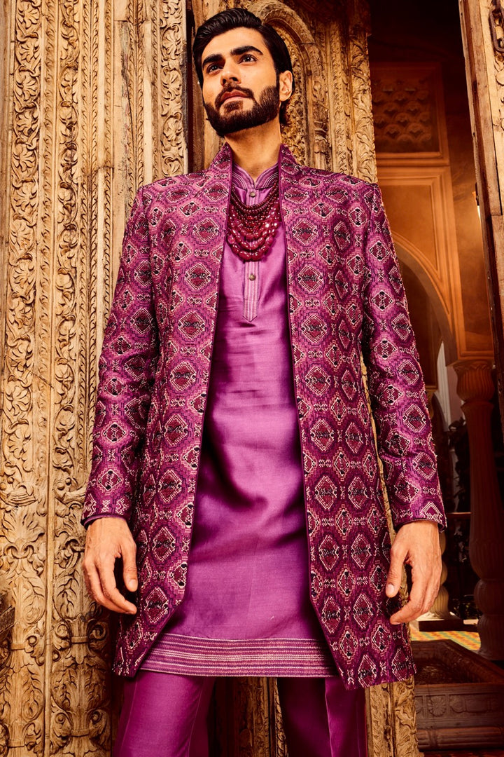 Purple Chanderi Silk Embroidered Open Indo-Western