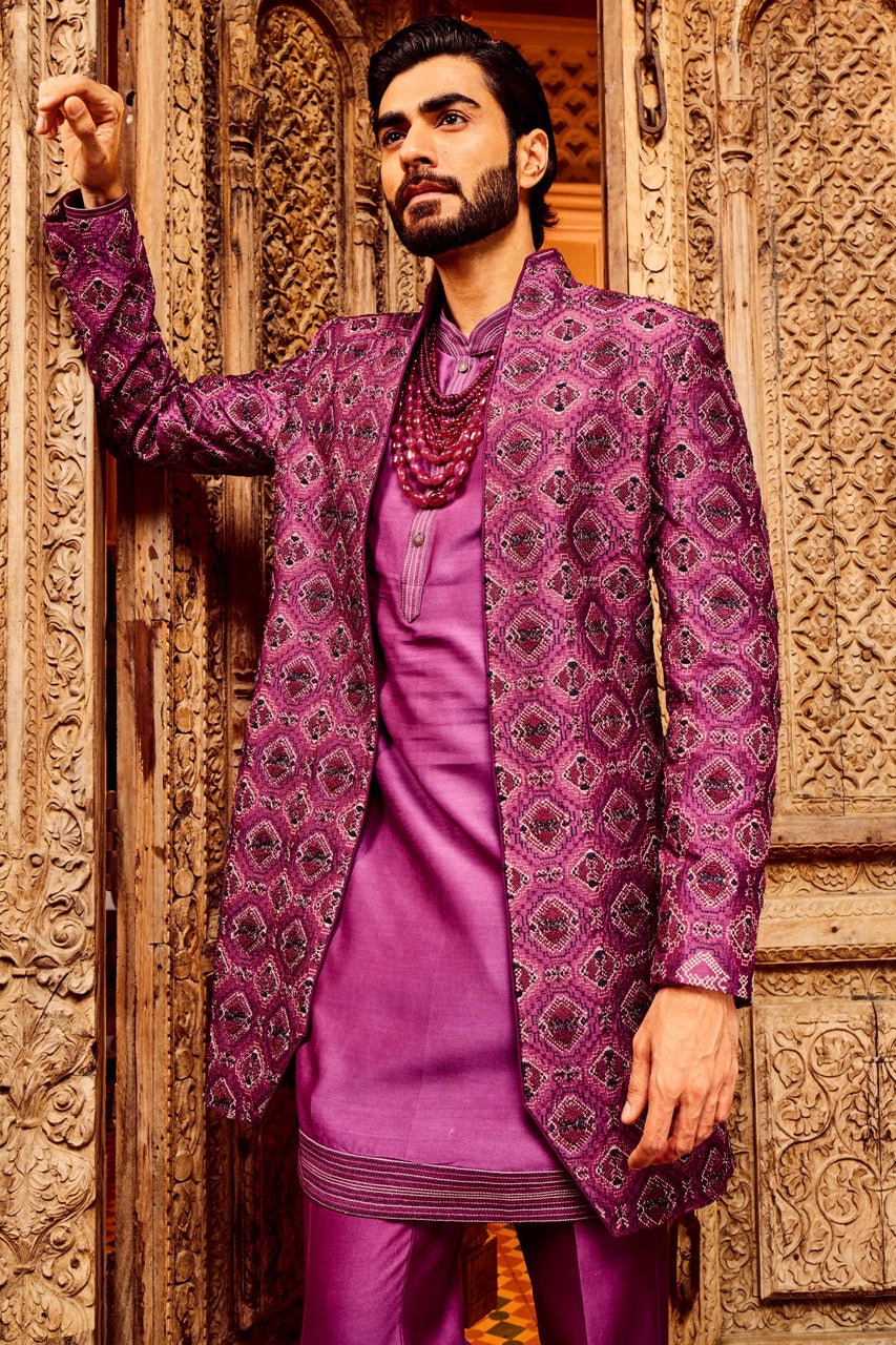 Purple Chanderi Silk Embroidered Open Indo-Western