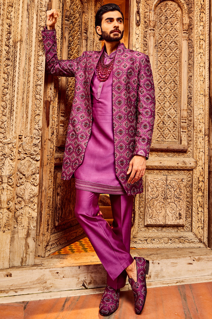 Purple Chanderi Silk Embroidered Open Indo-Western