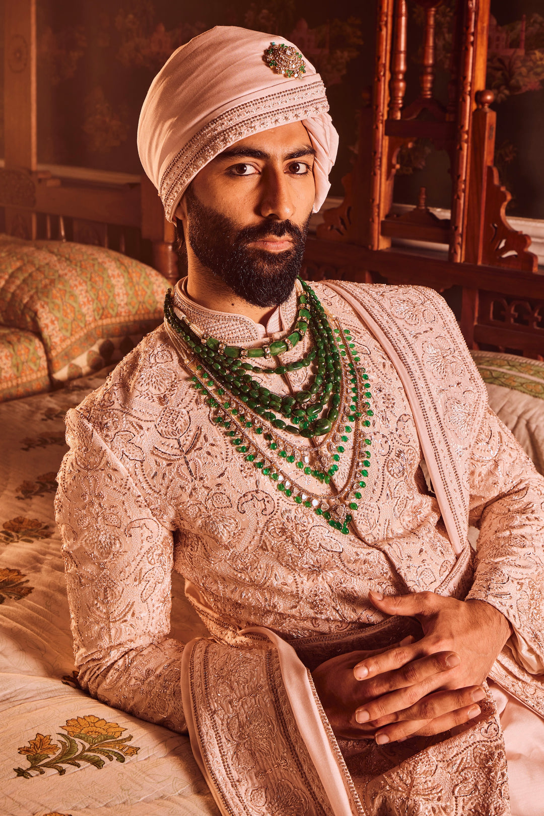 Light Pink Palm Silk Hand-Embroidered Sherwani