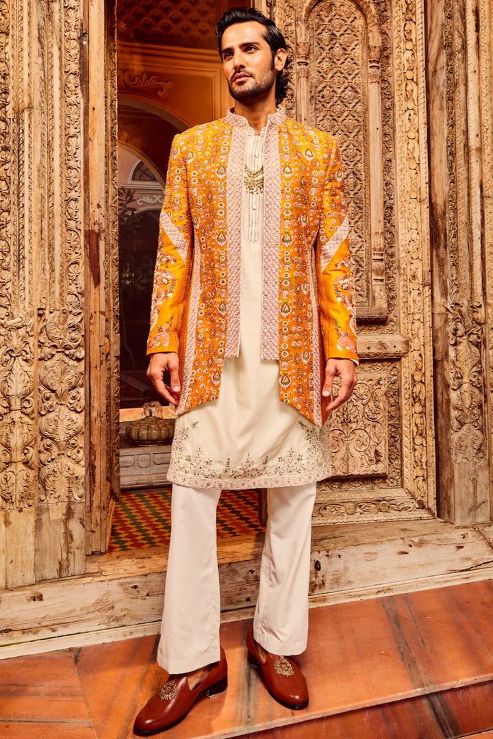 Orange Open Raw Silk Embroidered Indowestern