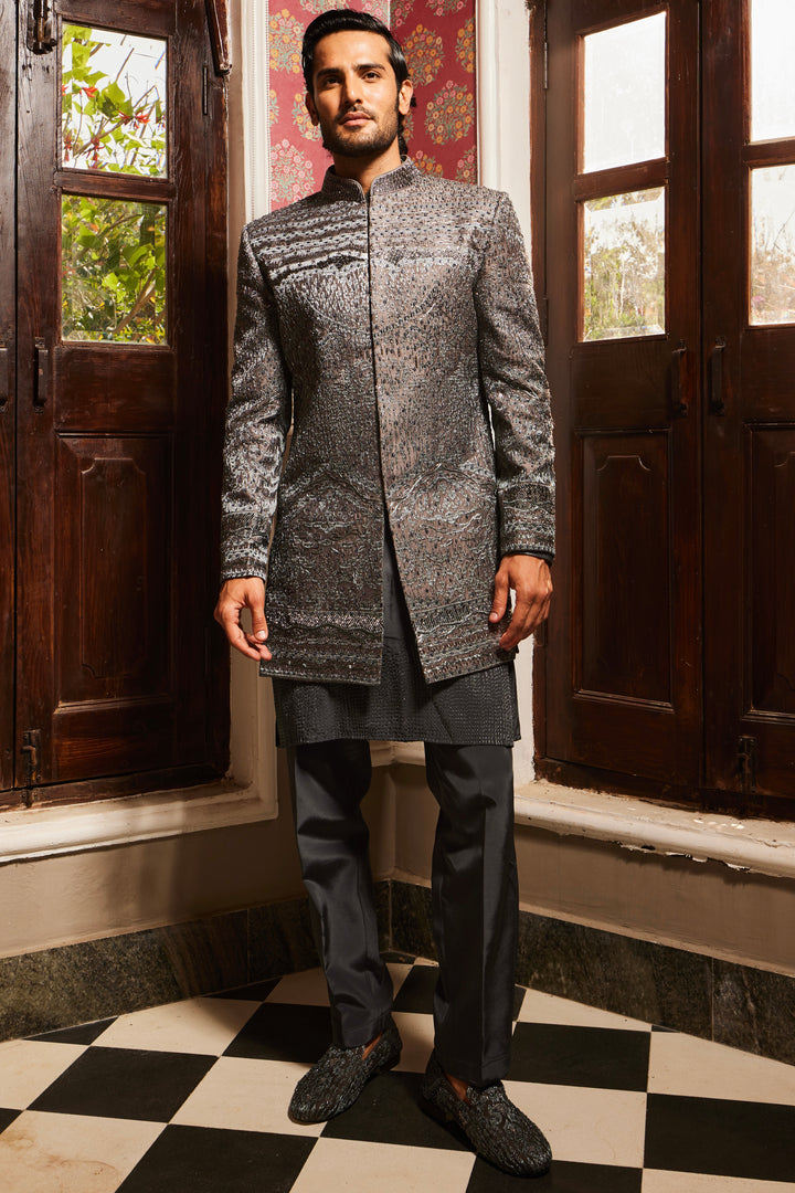 Charcoal Grey Raw Silk Embroidered Indo-Western Set