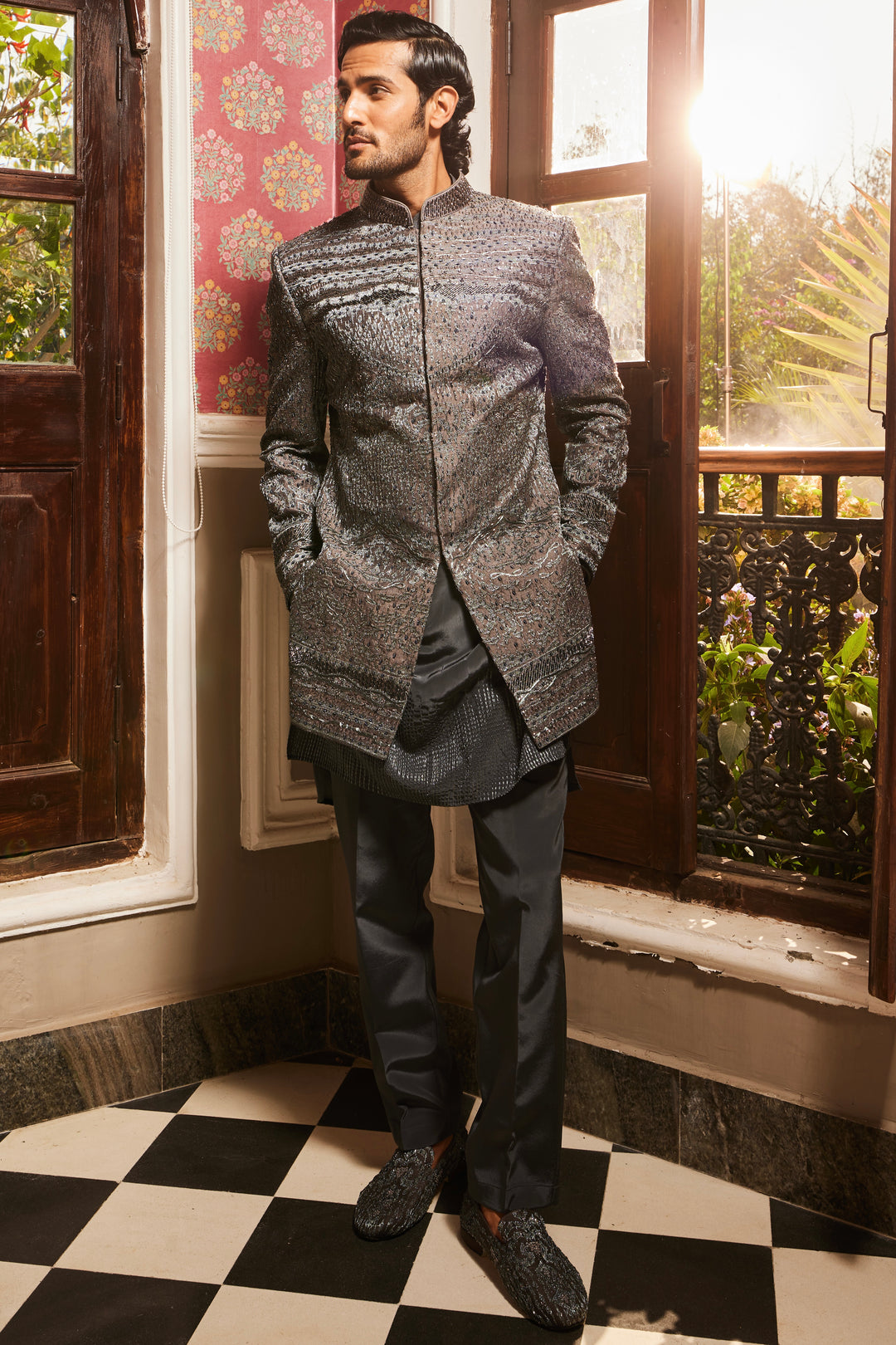 Charcoal Grey Raw Silk Embroidered Indo-Western Set