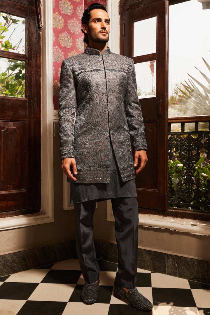 Charcoal Grey Raw Silk Embroidered Indo-Western Set