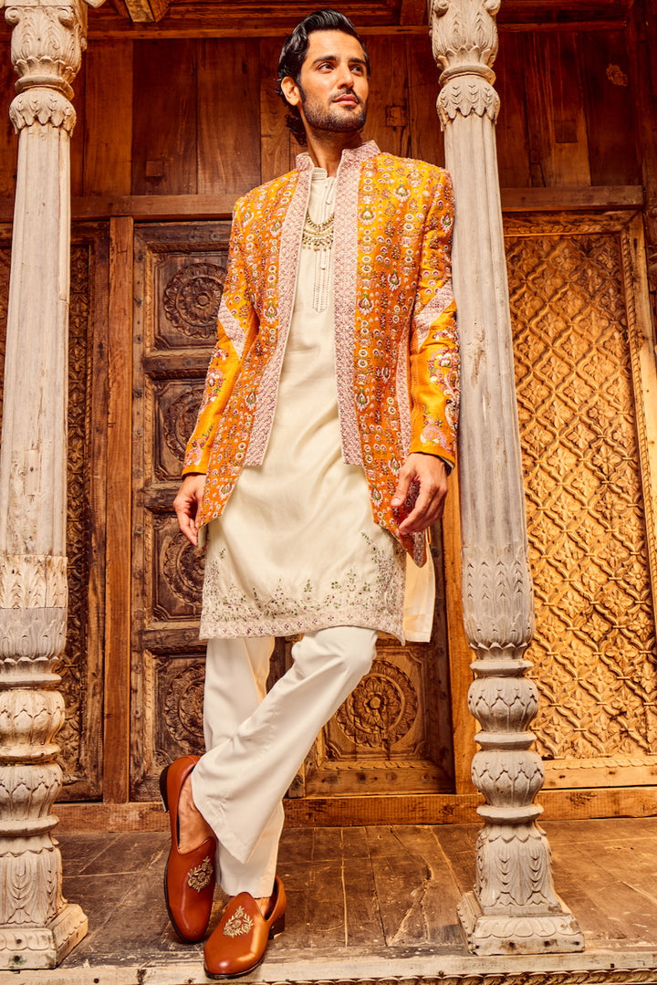 Orange Open Raw Silk Embroidered Indowestern