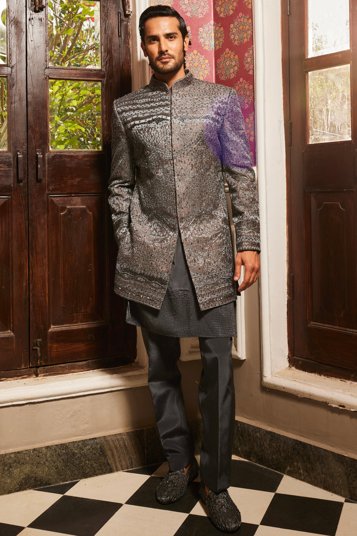 Charcoal Grey Raw Silk Embroidered Indo-Western Set