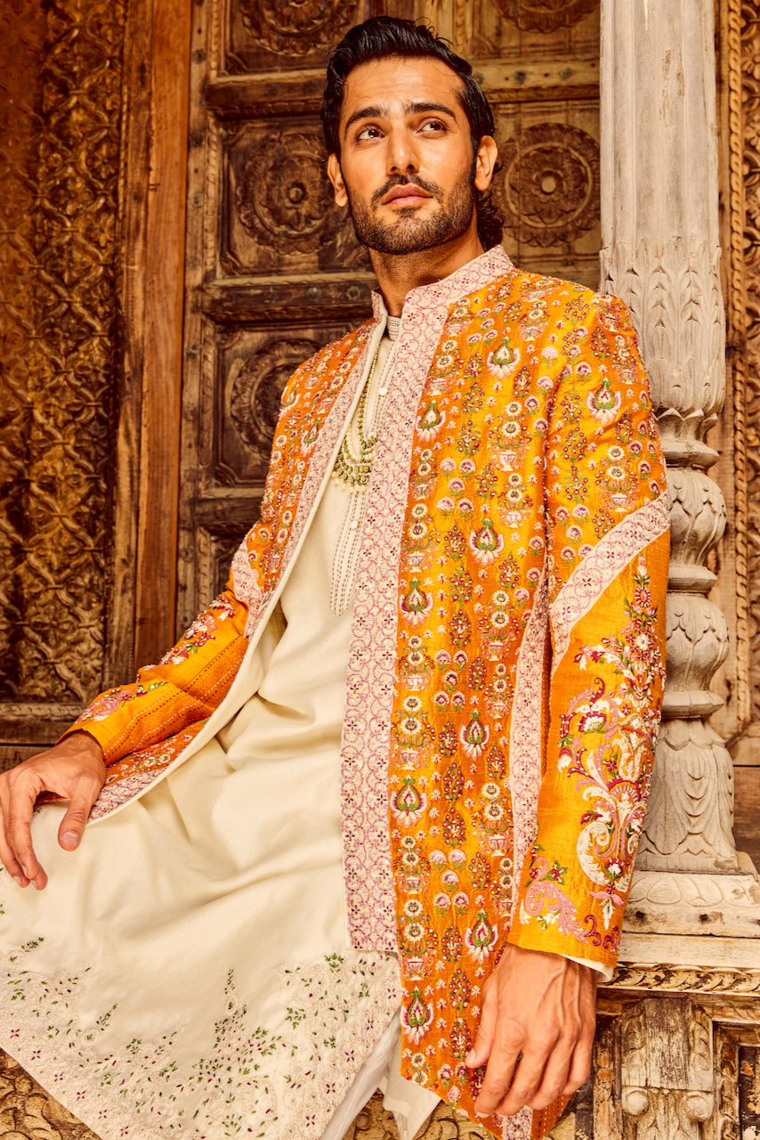 Orange Open Raw Silk Embroidered Indowestern