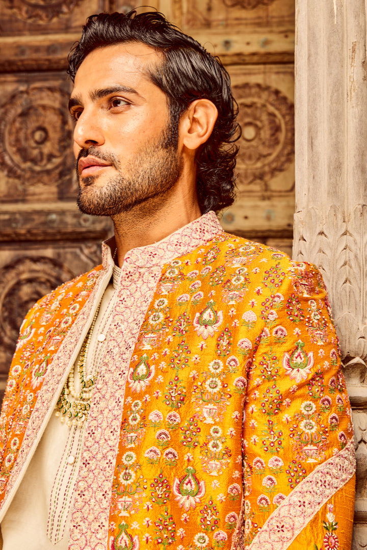 Orange Open Raw Silk Embroidered Indowestern