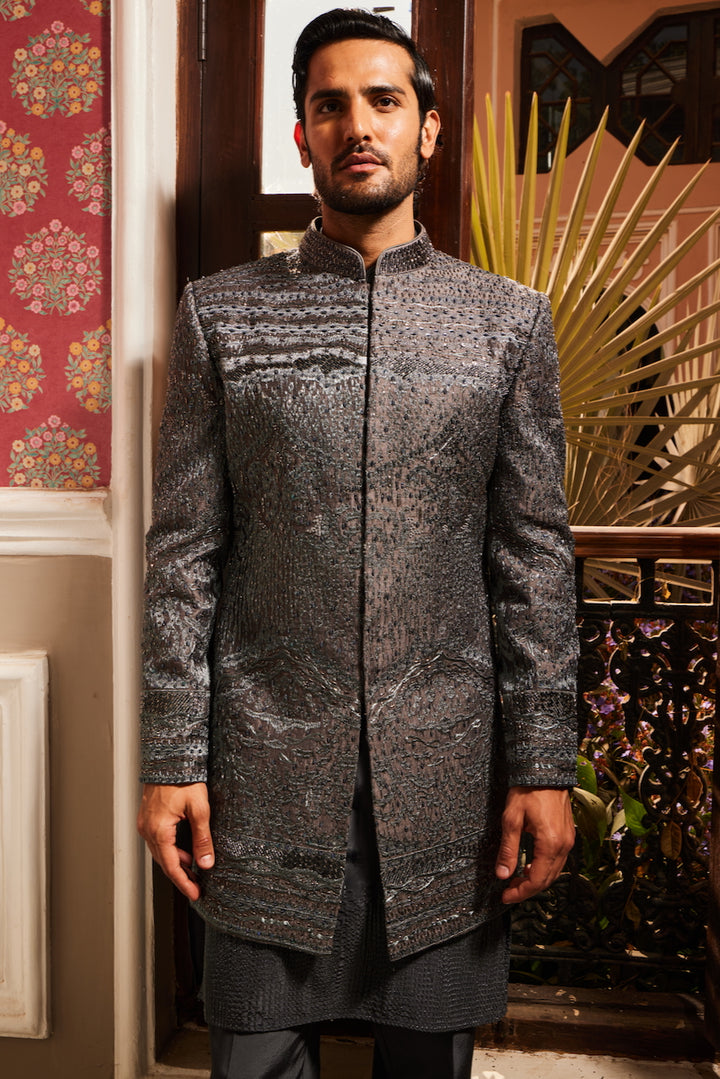 Charcoal Grey Raw Silk Embroidered Indo-Western Set