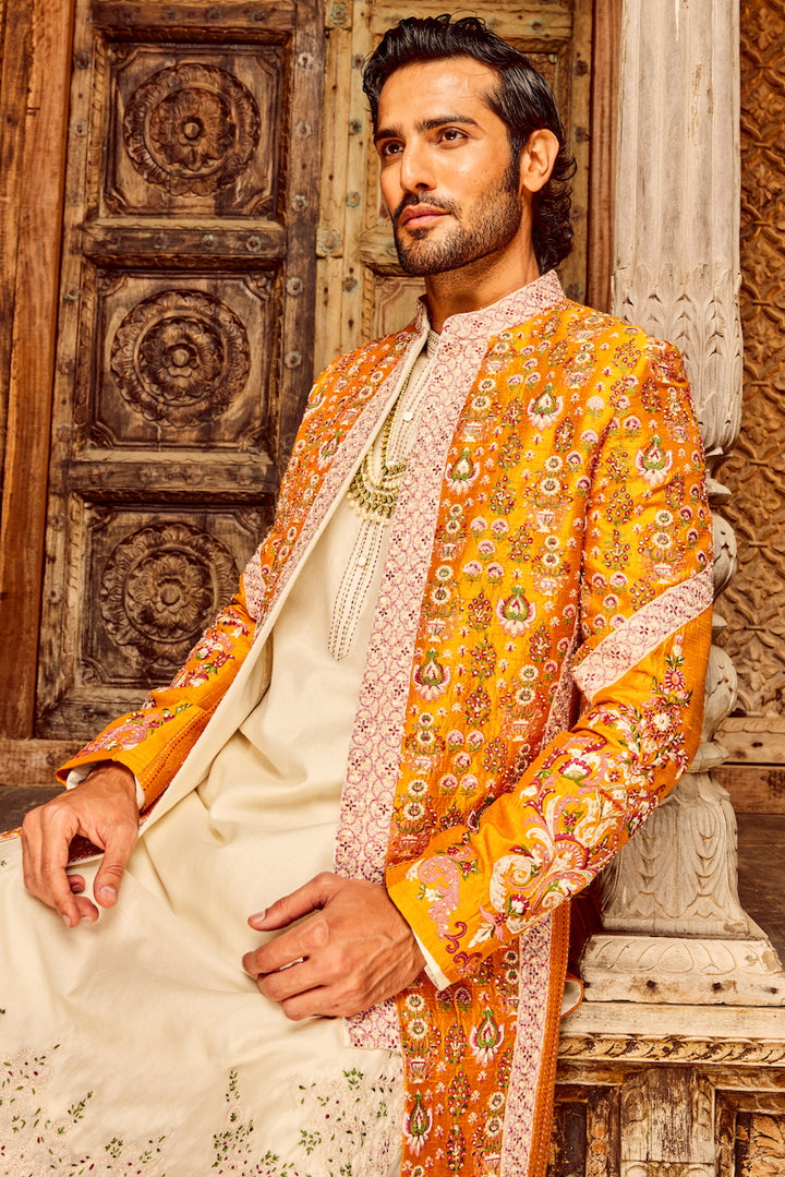 Orange Open Raw Silk Embroidered Indowestern