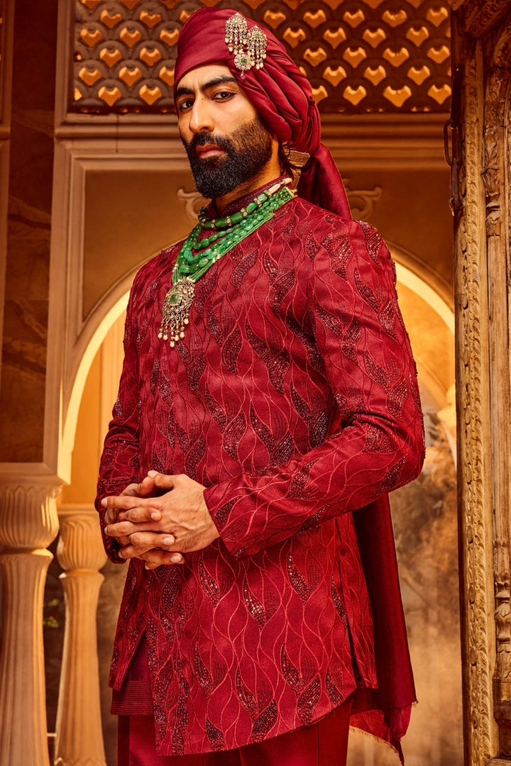 Deep Red Chanderi Silk Asymmetrical Sherwani