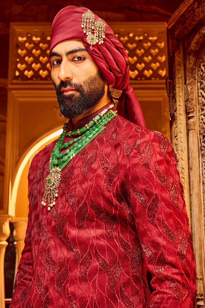 Deep Red Chanderi Silk Asymmetrical Sherwani