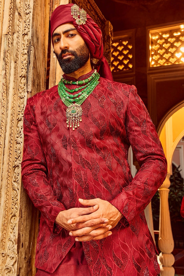 Deep Red Chanderi Silk Asymmetrical Sherwani