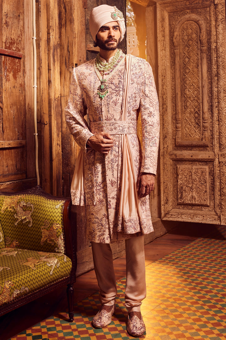 Peach Chanderi Moti Embroidered Sherwani