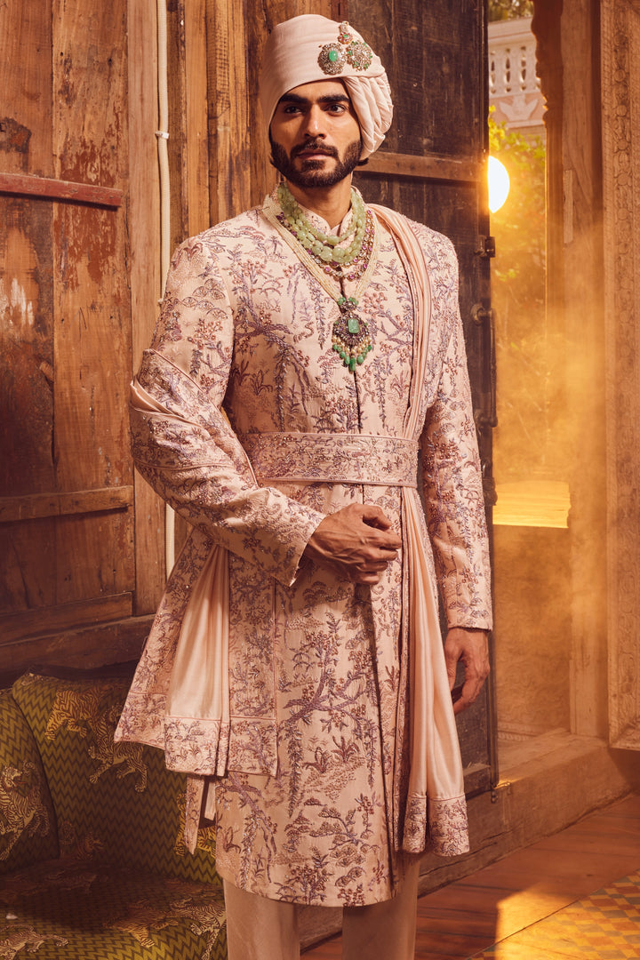 Peach Chanderi Moti Embroidered Sherwani