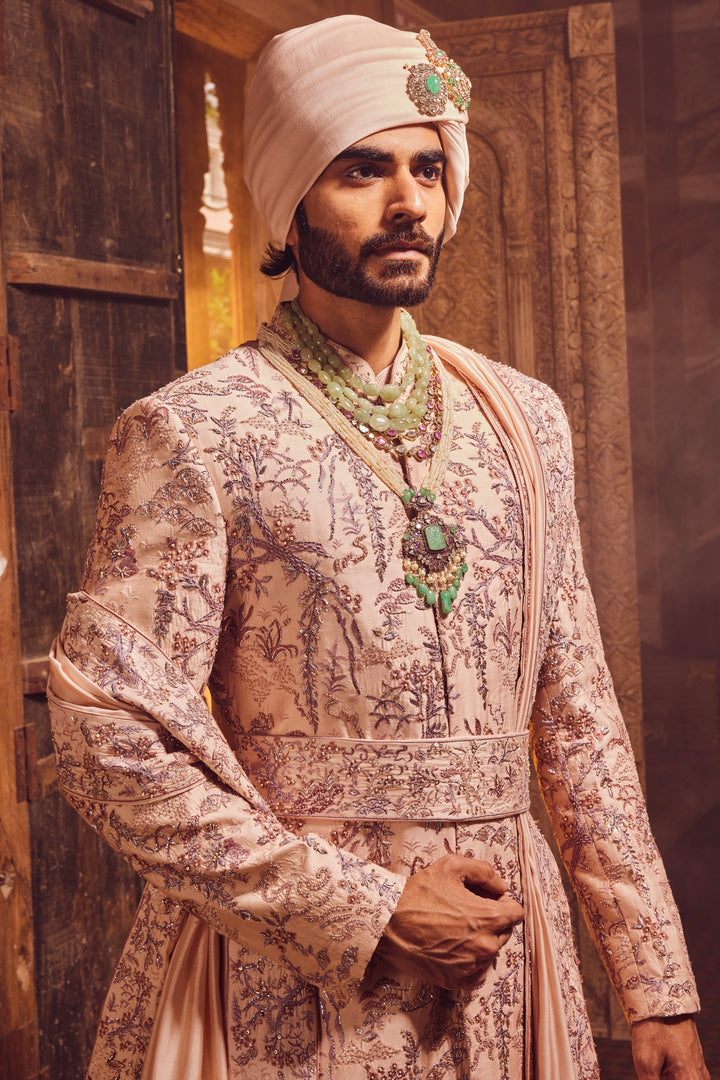 Peach Chanderi Moti Embroidered Sherwani