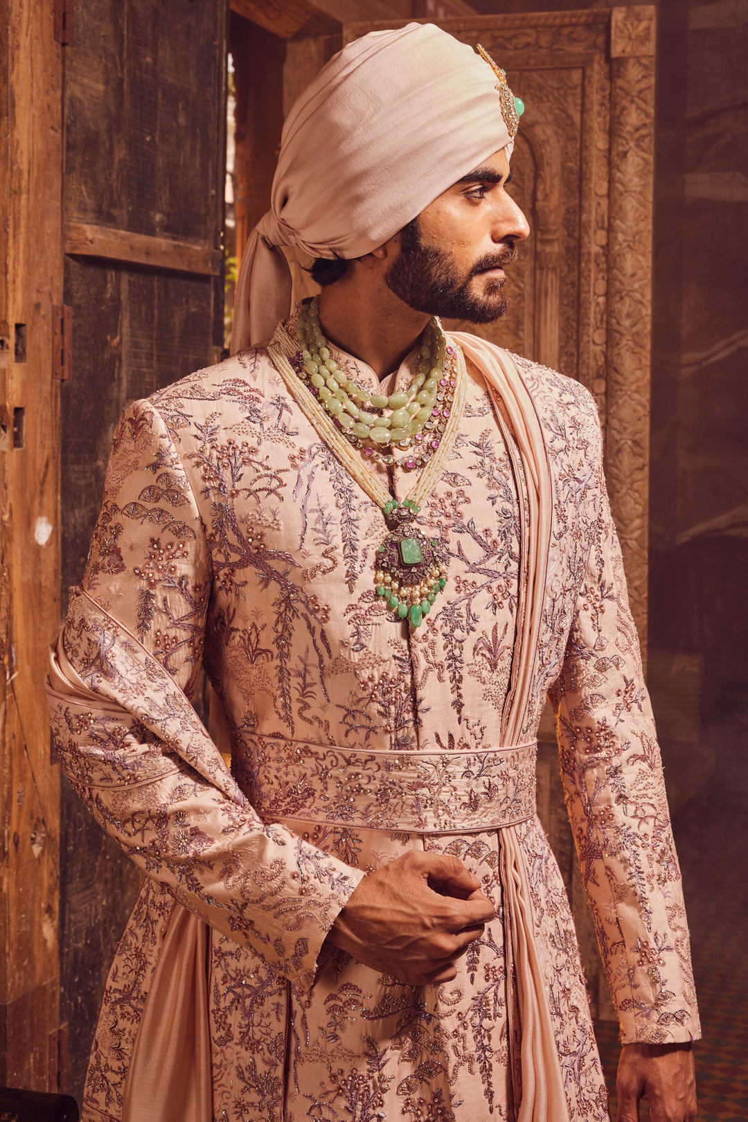 Peach Chanderi Moti Embroidered Sherwani