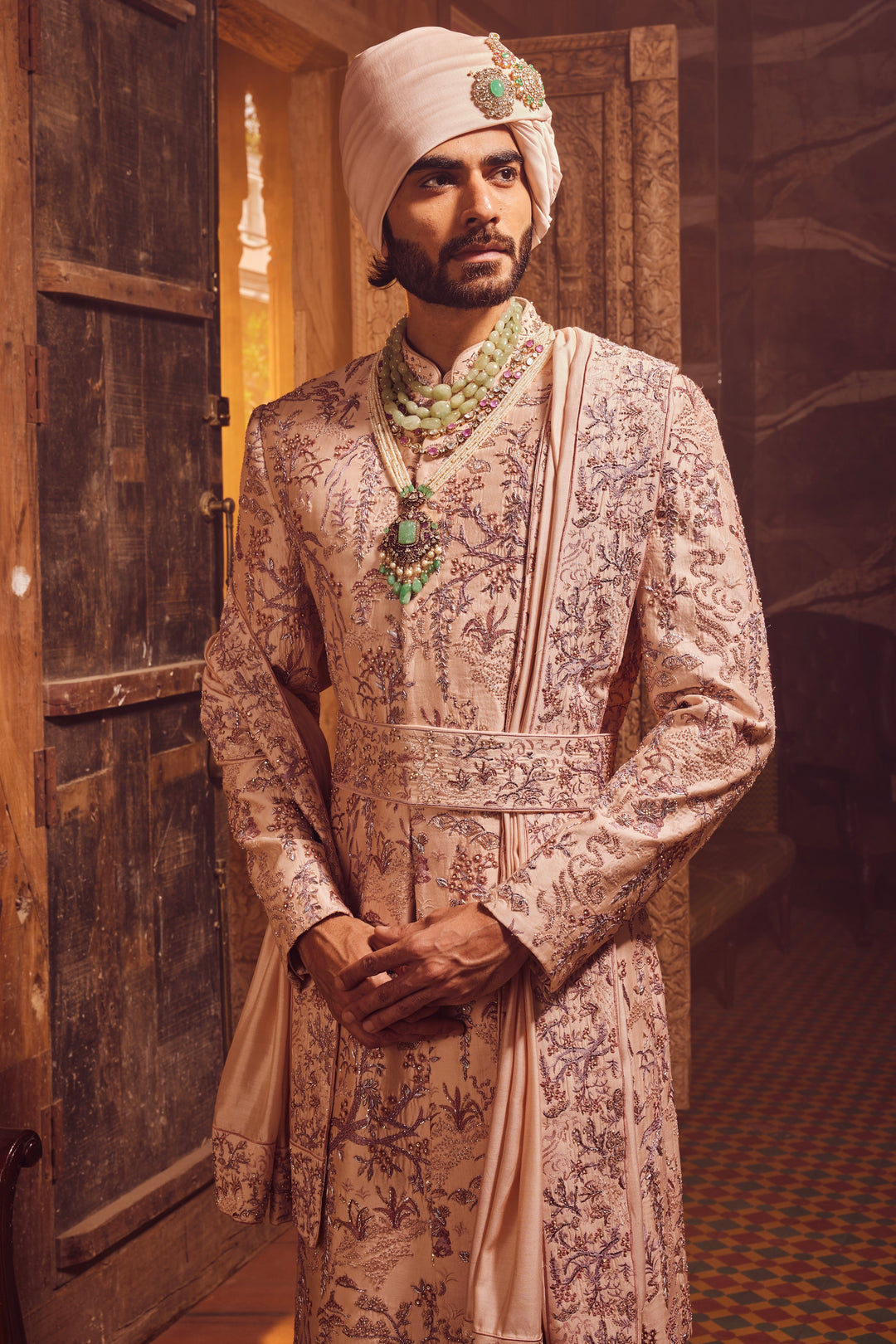 Peach Chanderi Moti Embroidered Sherwani