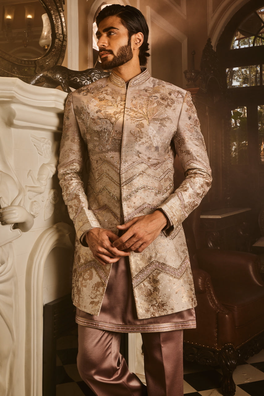 Ash Grey Embellished Raw Silk Indo-Western Set