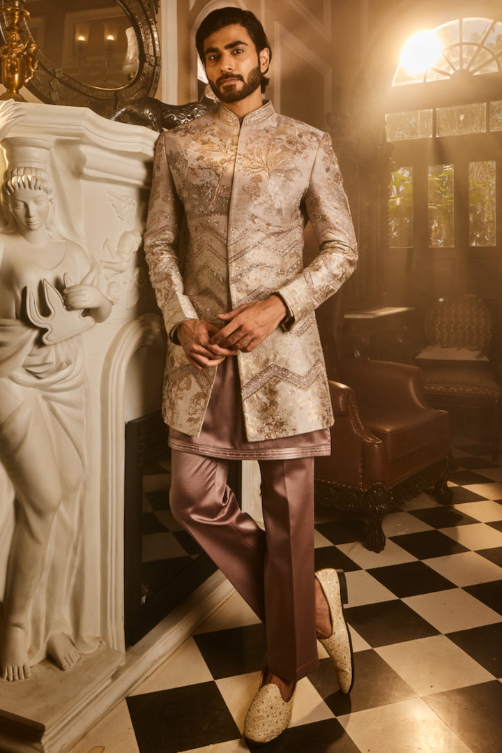 Ash Grey Embellished Raw Silk Indo-Western Set