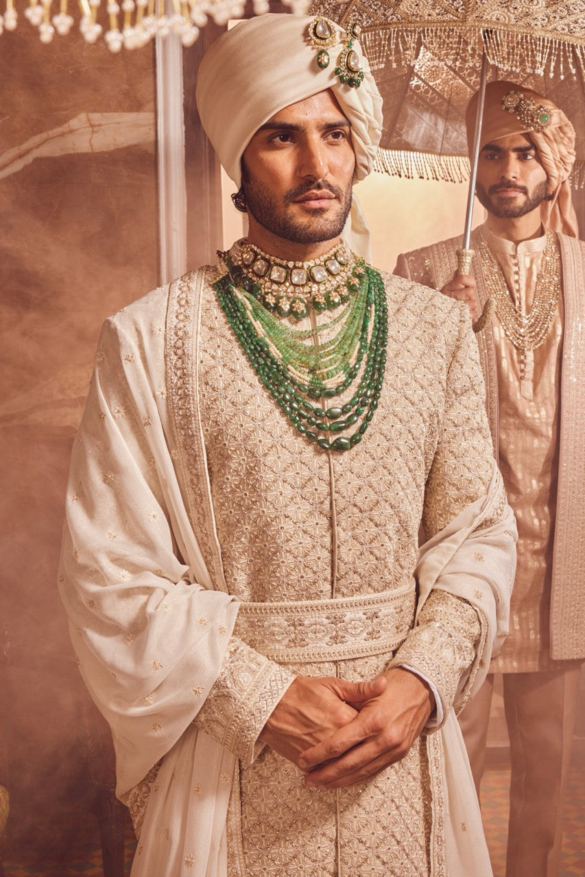 Ivory Raw Silk Zardozi Embroidered Sherwani