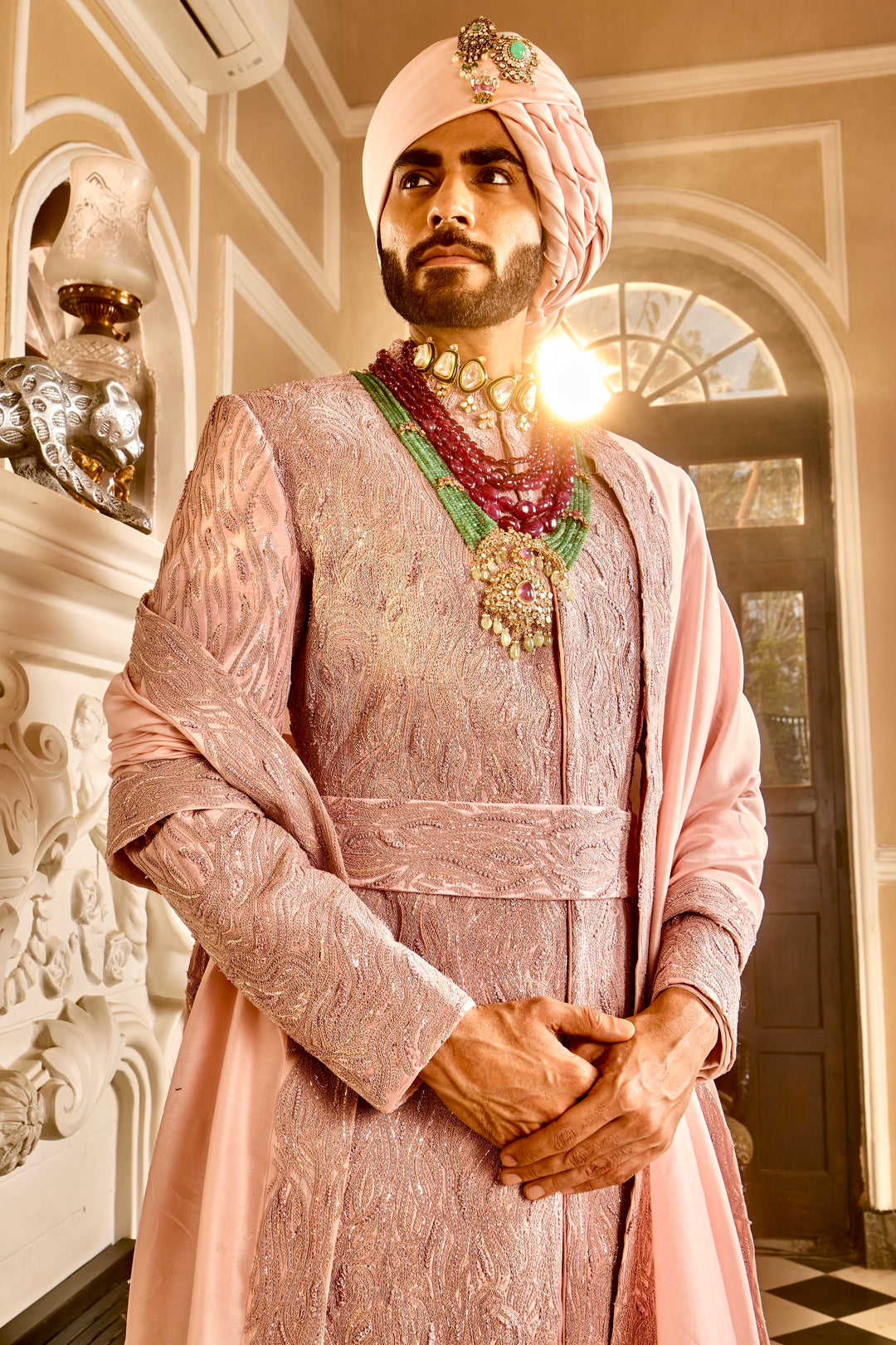 Crepe Pink Raw Silk Embroidered Sherwani