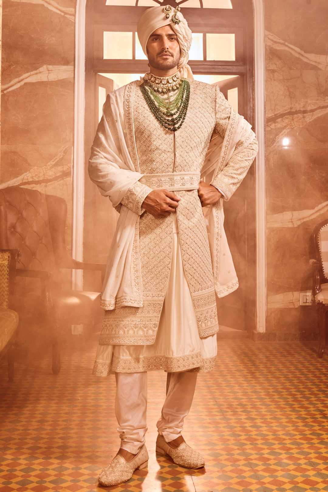 Ivory Raw Silk Zardozi Embroidered Sherwani