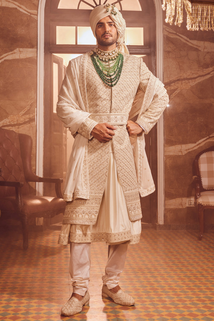 Ivory Raw Silk Zardozi Embroidered Sherwani