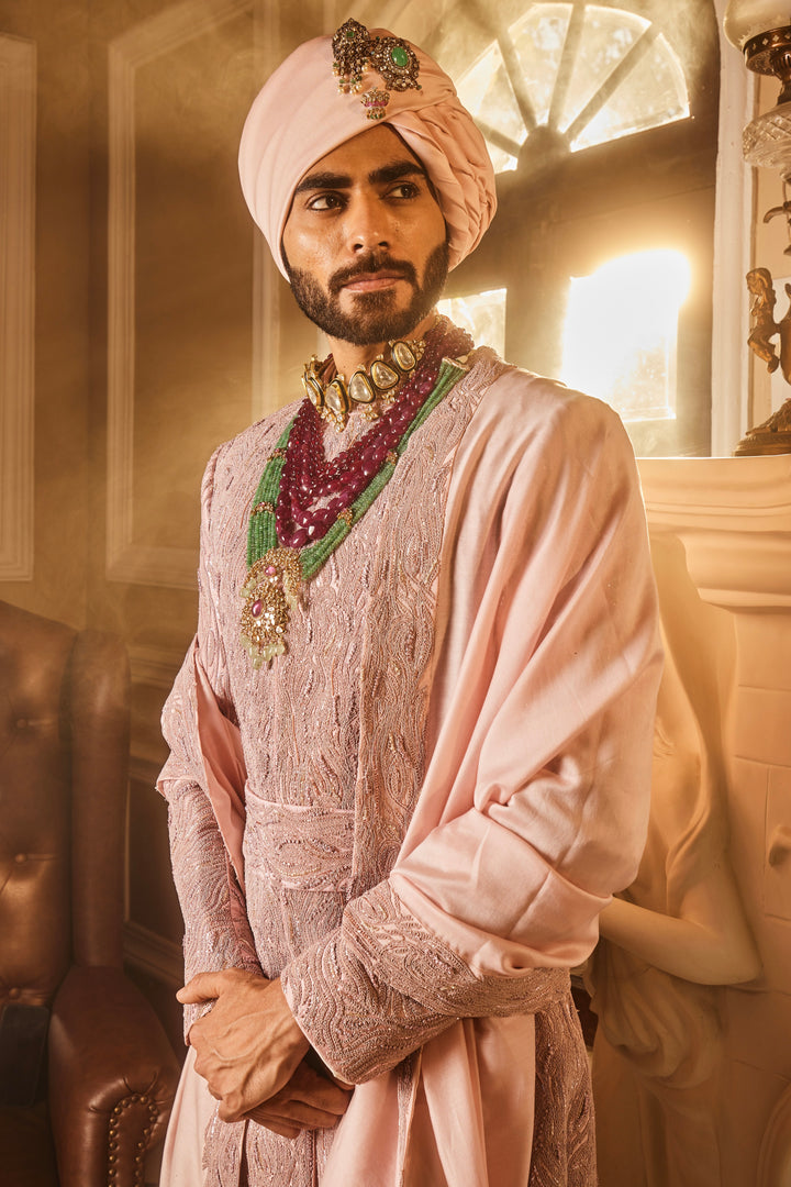 Crepe Pink Raw Silk Embroidered Sherwani