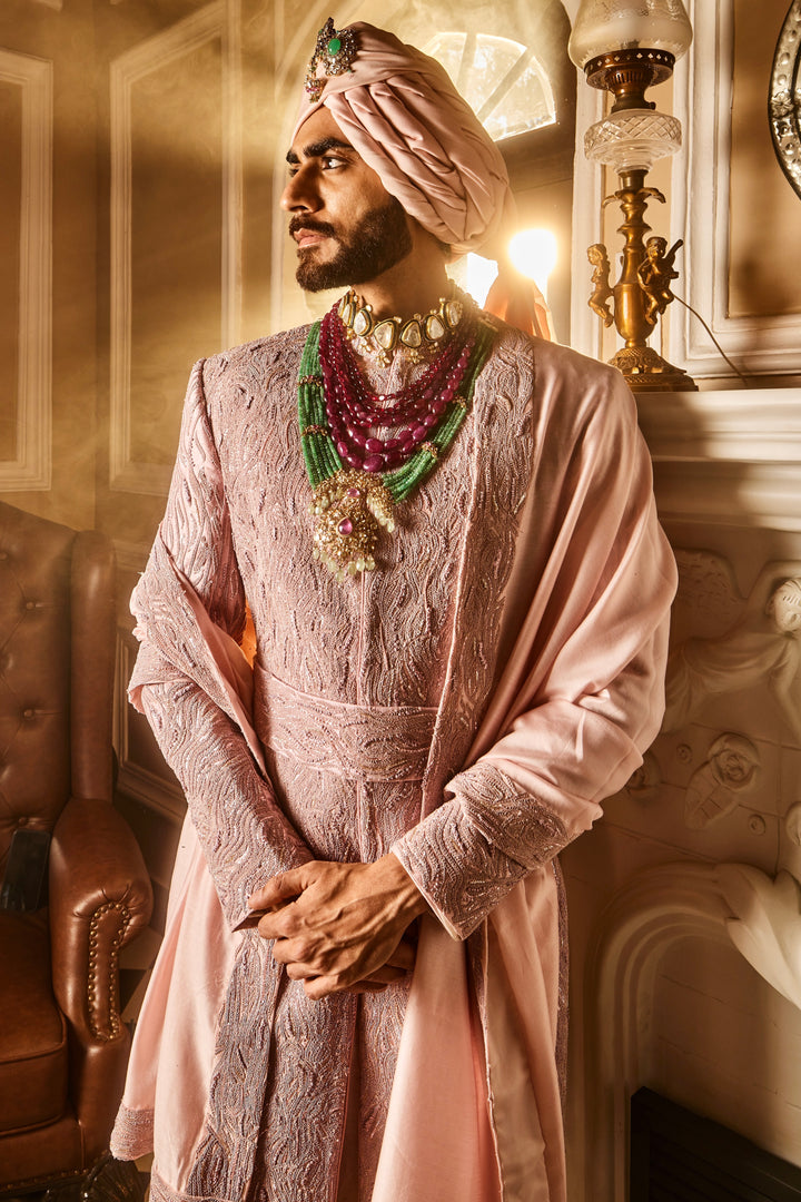 Crepe Pink Raw Silk Embroidered Sherwani