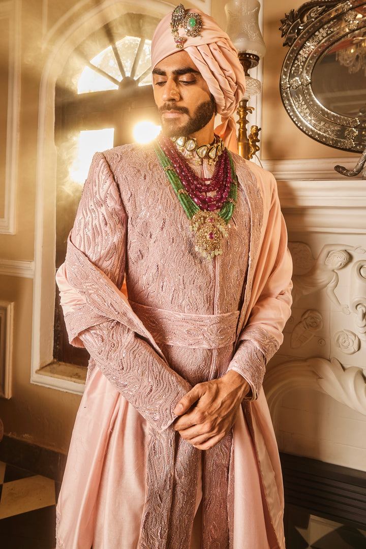 Crepe Pink Raw Silk Embroidered Sherwani